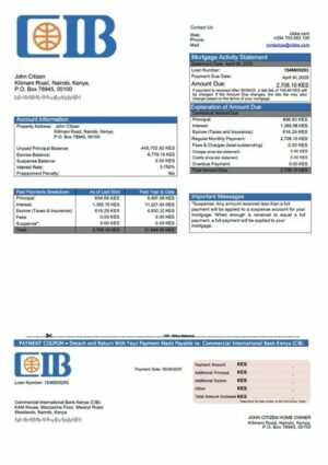 Kenya Commercial International Bank Kenya (CIB) mortgage statement Word and PDF template