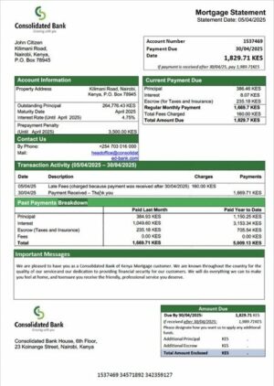 Kenya Consolidated Bank of Kenya mortgage statement Word and PDF template