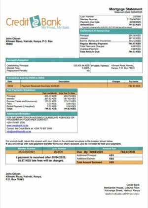 Kenya Credit Bank mortgage statement Word and PDF template