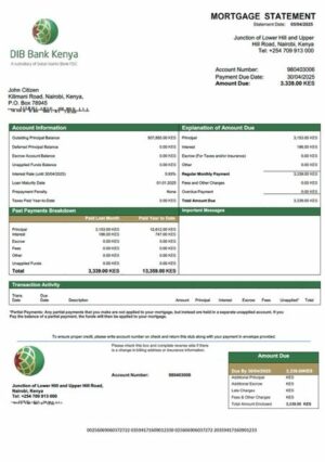 Kenya DIB Bank Kenya mortgage statement Word and PDF template