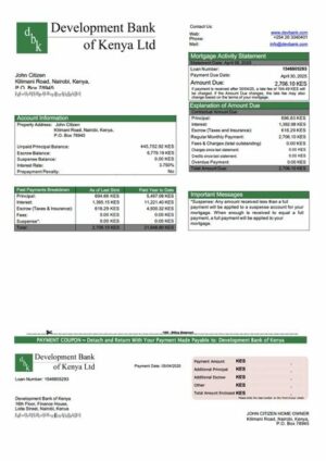 Kenya Development Bank of Kenya mortgage statement Word and PDF template
