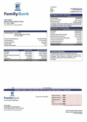 Kenya Family Bank mortgage statement Word and PDF template