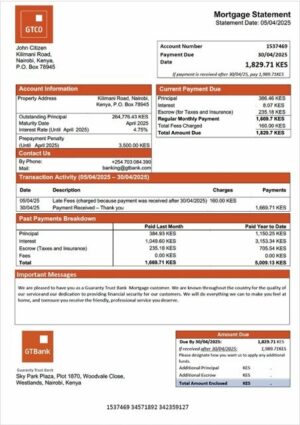 Kenya Guaranty Trust Bank mortgage statement Word and PDF template