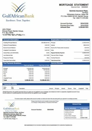 Kenya Gulf African Bank mortgage statement Word and PDF template