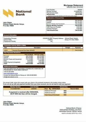 Kenya National Bank of Kenya mortgage statement Word and PDF template