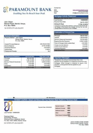 Kenya Paramount Bank mortgage statement Word and PDF template