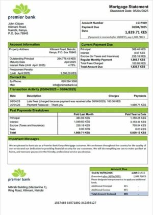 Kenya Premier Bank Kenya mortgage statement Word and PDF template
