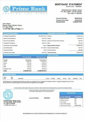 Kenya Prime Bank mortgage statement Word and PDF template