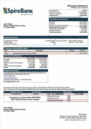 Kenya Spire Bank mortgage statement Word and PDF template