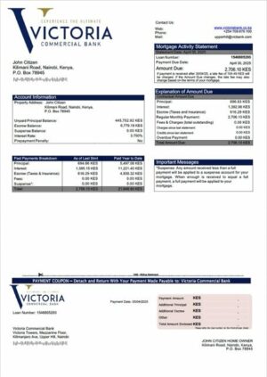 Kenya Victoria Commercial Bank mortgage statement Word and PDF template