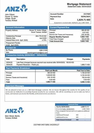 Kiribati ANZ Bank mortgage statement Word and PDF template