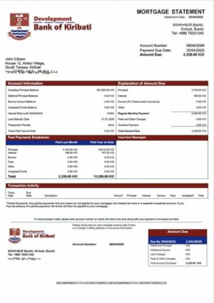 Kiribati Development Bank of Kiribati mortgage statement Word and PDF template