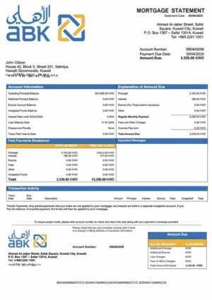 Kuwait Al Ahli Bank of Kuwait mortgage statement Word and PDF template