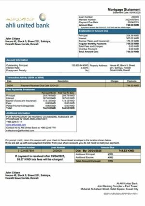 Kuwait Al Ahli United Bank mortgage statement Word and PDF template