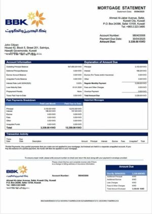 Kuwait Bank of Bahrain and Kuwait mortgage statement Word and PDF template
