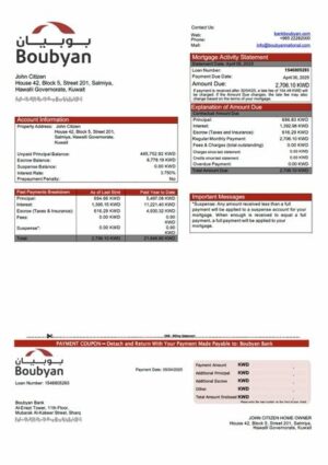 Kuwait Boubyan Bank mortgage statement Word and PDF template