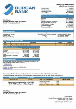 Kuwait Burgan Bank mortgage statement Word and PDF template