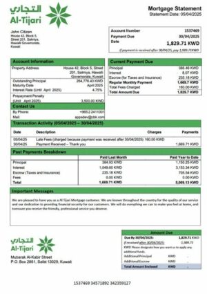 Kuwait Commercial Bank of Kuwait (Al Tijari) mortgage statement Word and PDF template