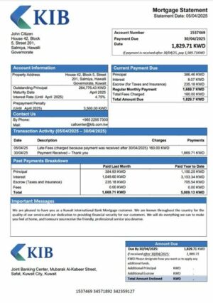 Kuwait International Bank mortgage statement Word and PDF template