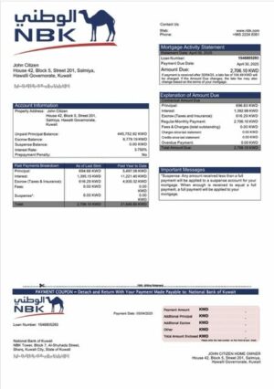 Kuwait National Bank of Kuwait mortgage statement Word and PDF template