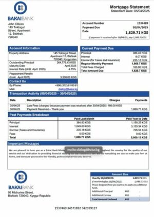 Kyrgyzstan Bakai Bank mortgage statement Word and PDF template