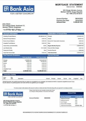 Kyrgyzstan Bank of Asia mortgage statement Word and PDF template