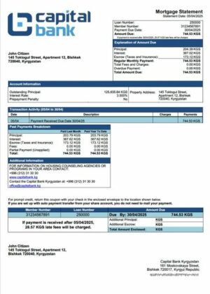 Kyrgyzstan Capital Bank Kyrgyzstan mortgage statement Word and PDF template