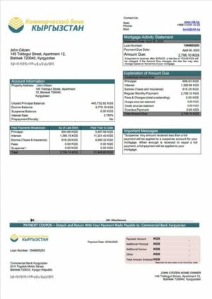 Kyrgyzstan Commercial Bank Kyrgyzstan mortgage statement Word and PDF template