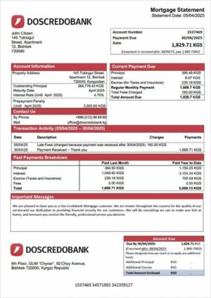 Kyrgyzstan Dos-Credobank mortgage statement Word and PDF template