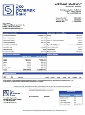 Kyrgyzstan EcoIslamicBank mortgage statement Word and PDF template