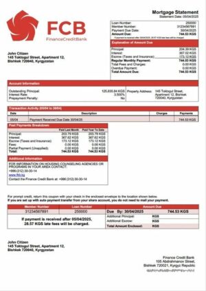 Kyrgyzstan Finance Credit Bank mortgage statement Word and PDF template