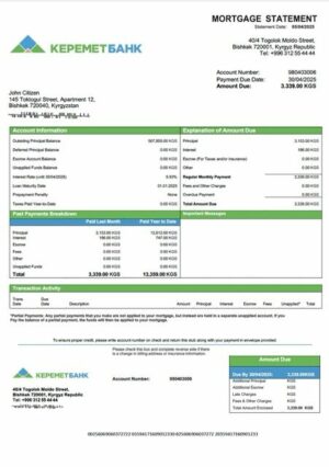 Kyrgyzstan Keremetbank mortgage statement Word and PDF template