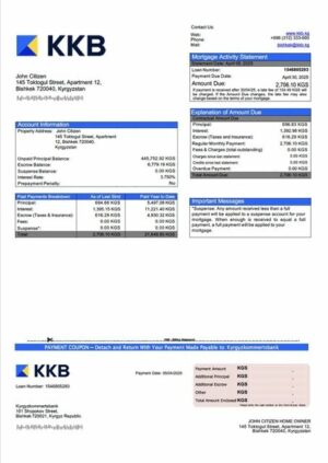 Kyrgyzstan Kyrgyzkommertsbank mortgage statement Word and PDF template