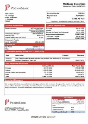 Kyrgyzstan Rosinbank mortgage statement Word and PDF template