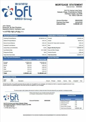 Laos Banque Franco-Lao mortgage statement Word and PDF template