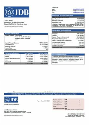 Laos Joint Development Bank mortgage statement Word and PDF template