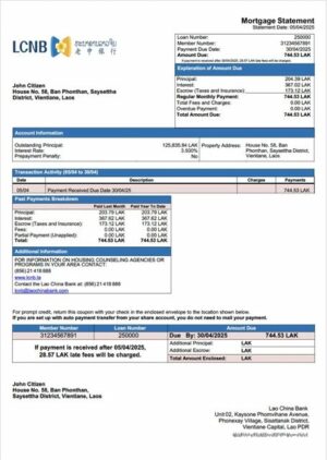 Laos Lao China Bank mortgage statement Word and PDF template