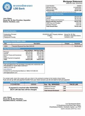 Laos Lao Development Bank mortgage statement Word and PDF template