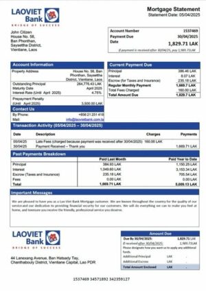 Laos Lao-Viet Bank mortgage statement Word and PDF template