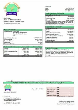 Laos Nayoby Bank mortgage statement Word and PDF template