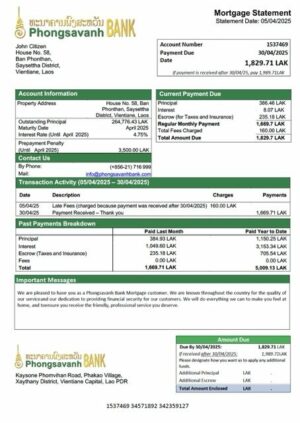 Laos Phongsavanh Bank mortgage statement Word and PDF template