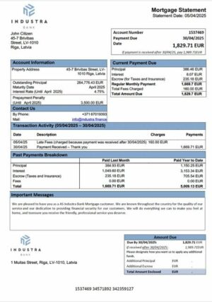 Latvia AS Industra Bank mortgage statement Word and PDF template
