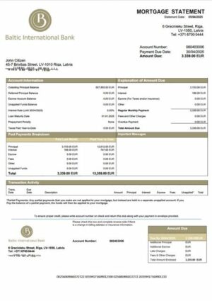 Latvia Baltic International Bank SE mortgage statement Word and PDF template