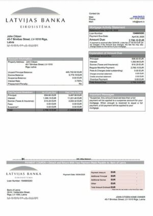 Latvia Bank of Latvia mortgage statement Word and PDF template