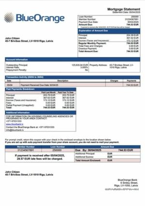 Latvia BlueOrange Bank mortgage statement Word and PDF template