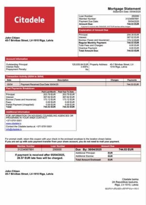 Latvia Citadele banka mortgage statement Word and PDF template