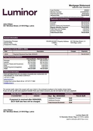 Latvia Luminor Bank AS mortgage statement Word and PDF template