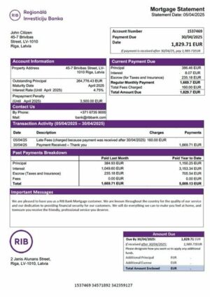 Latvia RIB Bank mortgage statement Word and PDF template