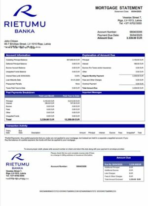 Latvia Rietumu Banka mortgage statement Word and PDF template