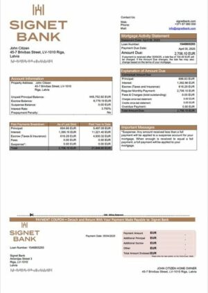 Latvia Signet Bank mortgage statement Word and PDF template